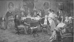 Frédéric Chopin im Salon des Fürsten Anton Radziwiłł, 1829; Elisa stehend neben ihrem Vater, rechts davon sitzend: Schwester Wanda, Mutter Luise und Alexander von Humboldt
