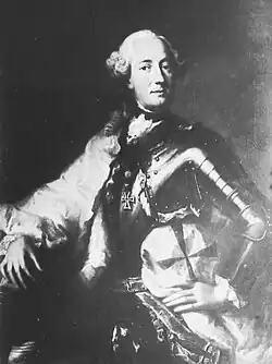 Prinz und General in zeitgenössischer Uniform in posenhafter Stellung.