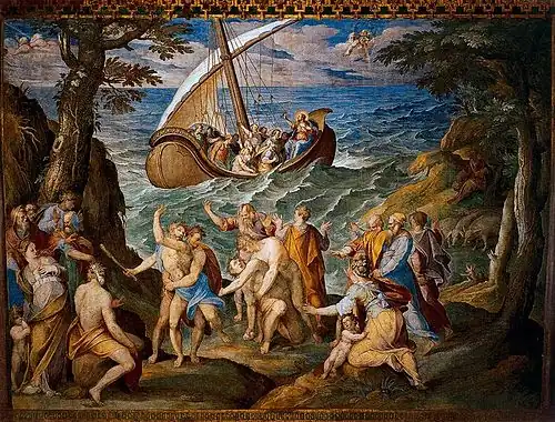 Niccolò Circignani und Mathijs Bril: Jesus beruhigt den Sturm am See Genezareth, Fresko in der Sala della Meridiana, Turm der Winde, Vatikan