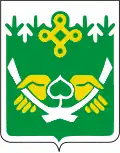 „Totemzeichen“ „als Symbol der uralten Kultur der Region“ im Wappen von Kostomukscha (Karelien)[6]