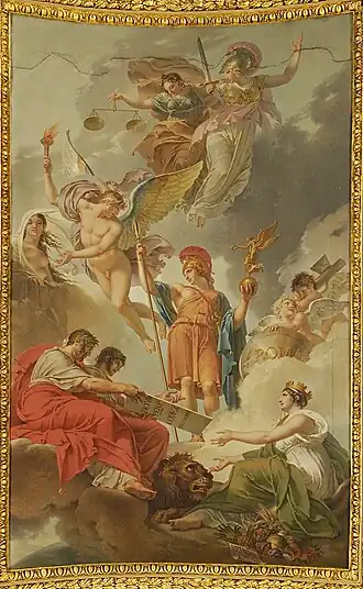 Die Welt empfängt von den Kaisern Hadrian und Justinian die von Natur, Gerechtigkeit und Weisheit diktierten Gesetze (Französisch: La Terre recevant des empereurs Adrien et Justinien le code des lois romaines dictées par la Nature, la Justice et la Sagesse) (Charles Meynier)