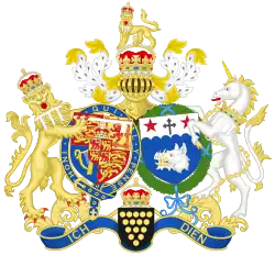 Kombinierte Wappen von Charles und Camilla anlässlich ihrer Hochzeit (in der Form gültig 2011–2022, da es den Schild ihres Gatten als Prince of Wales zeigt, und unten den Schild des Duchy of Cornwall)