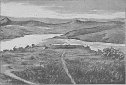 Kongo-Fluss bei der Station Isanghila. Zeichnung aus dem Buch Stanley au secours d’Émin-Pacha von Alphonse-Jules Wauters, Paris, 1890.