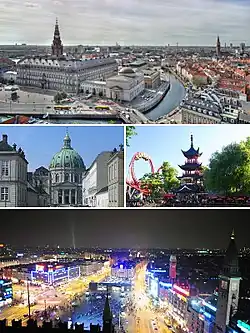 Kopenhagen, Collage Von oben: Christiansborg, Marmorkirche, Tivoli und Rådhuspladsen