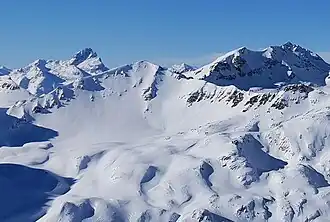 Piz Platta, Corn da Suvretta und Piz Surgonda (v.l.), aufgenommen vom Piz Nair.