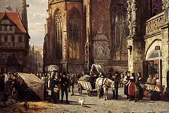 Szene auf dem Altstadtmarkt in Braunschweig, Gemäldeausschnitt von Cornelis Springer, 19.&nbsp;Jahrhundert.