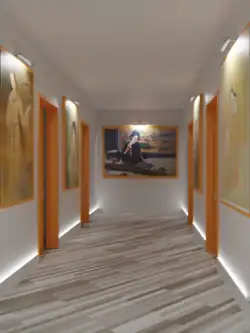 Flur als Kunst­galerie mit Akzent­licht auf den Kunst­werken; Boden­leisten mit integrierten linearen Licht­quellen