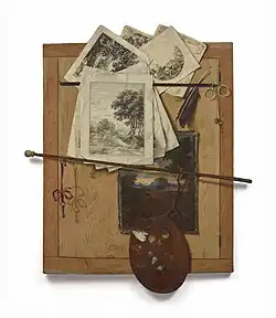 Trompe-l’œil mit Malerpalette, Kupferstichen und Schlüssel, 90 × 77,5 cm, Privatsammlung, Paris