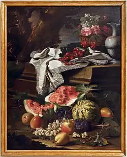Stillleben mit Früchten, einem Korb Blumen, einem Krug aus Keramik und einer spitzenbesetzten Tischdecke, um 1706, Palazzo dei Musei, Modena