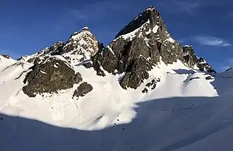 Cronsel, Kleiner Piz Buin, Buinlücke, Großer Piz Buin, Vermuntpass (von links nach rechts, gesehen von Südosten oberhalb Val Tuoi)