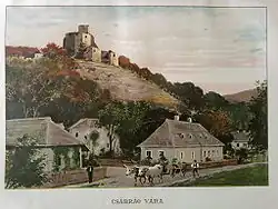 Burg Csabrag, 1622 an Peter Kohary verliehen. Bis 1750 Hauptsitz der Familie, dann von Schloss Svätý Anton abgelost. 1812 durch einen Brand zerstört.[8]