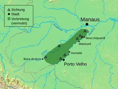 Reliefkarte mit grün eingezeichneter Verbreitung