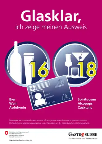 Verkaufs- und Ausschank­bestimmungen in der Schweiz: Der Aushang der gesetzlichen Bestimmungen ist freiwillig, und sollen beim Verkauf und Ausschank Gesetzesverstößen vorbeugen.