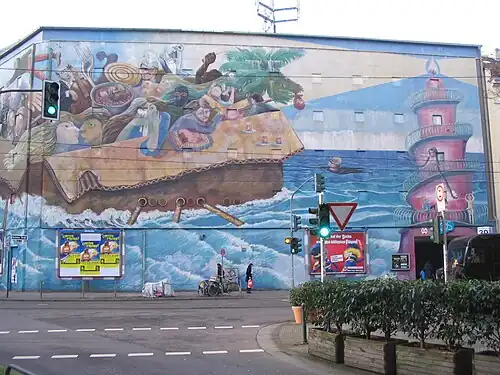 „Die Zeitreisenden“. Hochbunker, Düsseldorf, Aachener Straße, mit Künstlern aus Kuba und der Türkei (1995)