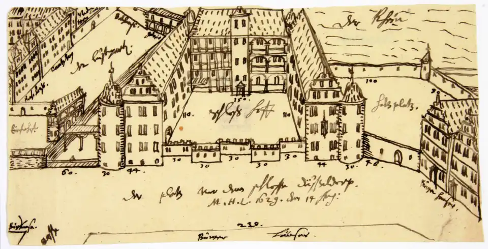Stadtseite des Düsseldorfer Schlosses im Stil der Renaissance, 1629, Zeichnung des Landgrafen Moritz von Hessen-Kassel