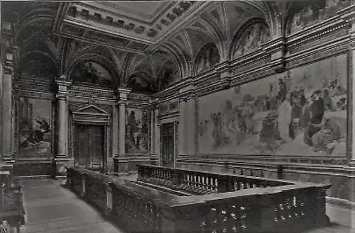 Düsseldorfer Kunsthalle, Treppenhaus, rechts das verschollene Wandgemälde Die Kunst im Alterthum von Carl Gehrts.