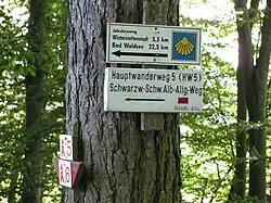 Hier führt der Hauptwanderweg 5 des Schwäbischen Albvereins zusammen mit dem Jakobsweg nach Süden in die Gegend von Bad Waldsee.