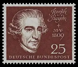 Briefmarke der Deutschen Bundespost (1959) zum 150. Todestag Haydns und zur Ein­weihung der Beet­hoven­halle