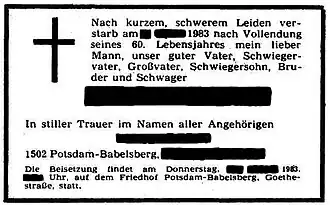 Traueranzeige der DDR von 1983 mit Kreuz