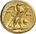 Stater. (ca. 276-272 v. Chr.), 18 mm. Dazugehöriger Revers. [Τ]ΑΡΑΝΤΙΝΩΝ. ΑΠΟΛ. Adler sitzt mit ausgebreiteten Flügeln auf einem Blitzbündel nach r.[92]
