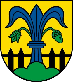 Blaue Lilie, am Bund rechts mit grüner Buchel, links mit grüner Eichel besteckt Wappen von Alfdorf