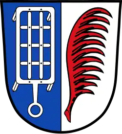 Wappen von Nordheim am Main mit den Attributen des hl.&nbsp;Laurentius, siehe auch Laurentius von Rom (Heraldik)