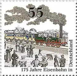 55-Cent-Sondermarke von Deutschland (2010) anlässlich 175&nbsp;Jahren Eisenbahn in Deutschland