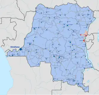 Die in der Karte dargestellten, von der M23 eingenommenen Gebiete in Nord- und Süd-Kivu umfassen die beiden Provinzhauptstädte Goma und Bukavu sowie den Bergbauort Walikale.