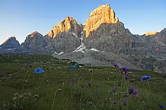 Die Nordseite des Tosa-Massivs mit der Cima Brenta Bassa, Cima Margherita, Cima-Tosa-Nordostschulter und dem Crozzon di Brenta (von links nach rechts)