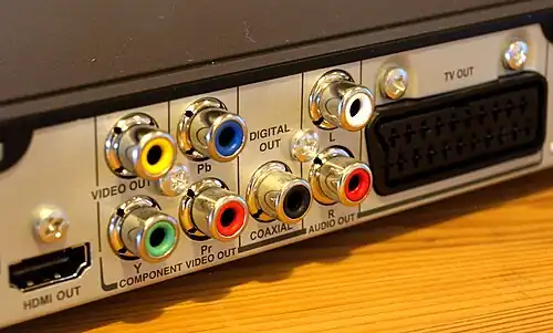DVD-Player mit Video- und Audioausgängen. Gelbe Buchse für Composite Video, grün/rot/blaue Buchsen für Component Video, schwarze Cinch-Buchse für digitales Audiosignal (Coaxial), rot/weiße Cinch-Buchsen für analoges Audiosignal