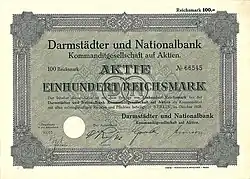 Aktie der Darmstädter und Nationalbank KGaA über 100 RM, ausgegeben im Oktober 1928 in Berlin, mit Unterschrift von Jakob Riesser, 1888–1904 Direktor und Vorstandsmitglied der Bank für Handel und Industrie