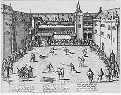 Düsseldorfer Schloss im Stil der Gotik und florentinischen Renaissance mit Pasqualinis dreigeschossiger Loggia (rechts in der Ecke, neben dem Turm)