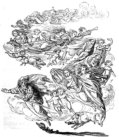 Die Zeichnung zeigt Sagengestalt Frau Holle,die in verschiedenen Regionen auch als Perchta bekannt ist, die in der Luft fliegt, umgegeben von menschklichen Figuren und Tiere.