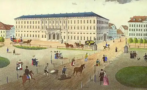 Ostseite um 1840: „Neues Postgebäude“ und das Teubnersche Geschäftshaus (rechts) am Grimmaischen Steinweg