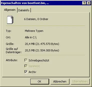 Ein Fenster für die Dateieigenschaften, in Windows XP mit der sogenannten klassischen (an Windows 95 angelehnten) Oberfläche