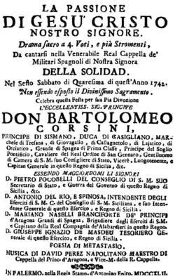 Davide Perez – La passione – Titelseite des Librettos – Palermo 1742