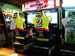 Das von SEGA AM 2 entwickelte Daytona USA2: Ein Großbildschirm, zwei Fahrersitze in Rennwagen-Anmutung davor, so dass das Videospiel viel physische Rennatmosphäre und direkten Wettkampf ausstrahlt.