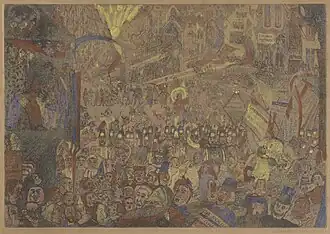 Mit Rot, Weiß und Blau kolorierte Radierung auf bräunlichem Papier. Die Darstellung entspricht dem Gemälde Der Einzug Christi in Brüssel, ist aber gespiegelt. Im Unterschied zum Gemälde sind noch mehr Fahnen, Banner und Inschriften zu sehen.