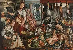 Joachim Beuckelaer Küchenstück mit der Szene Jesus im Haus von Maria und Martha im Hintergrund, 1566, Öl auf Holz, 171 × 250&nbsp;cm, Rijksmuseum, Amsterdam