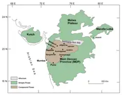 Beschriftete vereinfachte Karte der Dekkan-Trapp-Provinzen