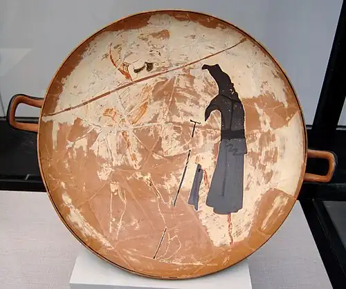 Demophon (?) befreit Aithra, weißgrundige attische Kylix, 470–460 v. Chr., Staatliche Antikensammlungen (Inv. 2687)