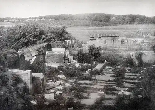 Zerstörter jüdischer Friedhof 1945.