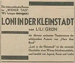 Der Ankündigungstext von Loni in der Kleinstadt verläuft quer von oben links nach unten rechts. In der oberen rechten Seite und in der unteren linken Seite sind dicke waagerechte Linien eingefügt.