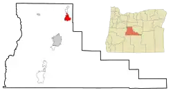 Lage von Redmond im Deschutes County (links) und in Oregon (rechts)