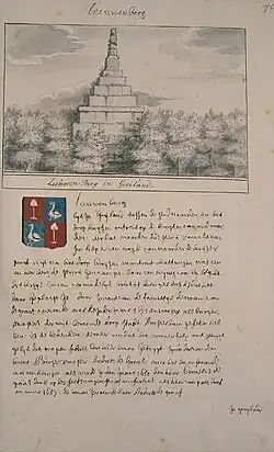 Beschreibung des Leeuwenberg auf Graeffenveld mit dem Wappen von Andries de Graeff (Zeichnung, wohl 19. Jahrhundert)