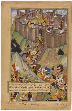 Schleifung der Festung durch Hülegü Khan, Manuskript von Basawan und Nand Gwaliori, ca. 1596.