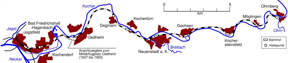 Verlauf der Unteren Kochertalbahn (Stand 1993)