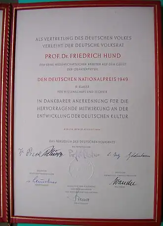 Nationalpreisurkunde 1949 für Friedrich Hund