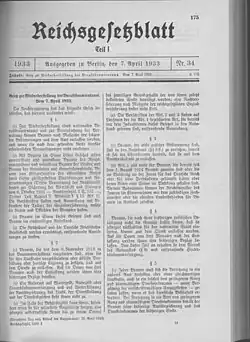 Gesetz zur Wiederherstellung des Berufsbeamtentums (RGBl. 1933 I, S.&nbsp;175)