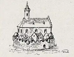 St. Theonest nach einer Zeichnung von Franz Bodmann 1802 nach einer Vorlage des 16. Jh. Das Bild zeigt eine Kirche mit Wehrmauer, wie sie bei Kirchen auf dem freien Feld üblich war,&nbsp; aber auch innerhalb eines Stadtgebiets möglich war.